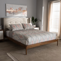 Baxton Studio BBT6653-Light Beige-Full-6086-1 Brooklyn Mid-Century Modern Walnut Wood Beige Fabric Full Size Platform Bed
